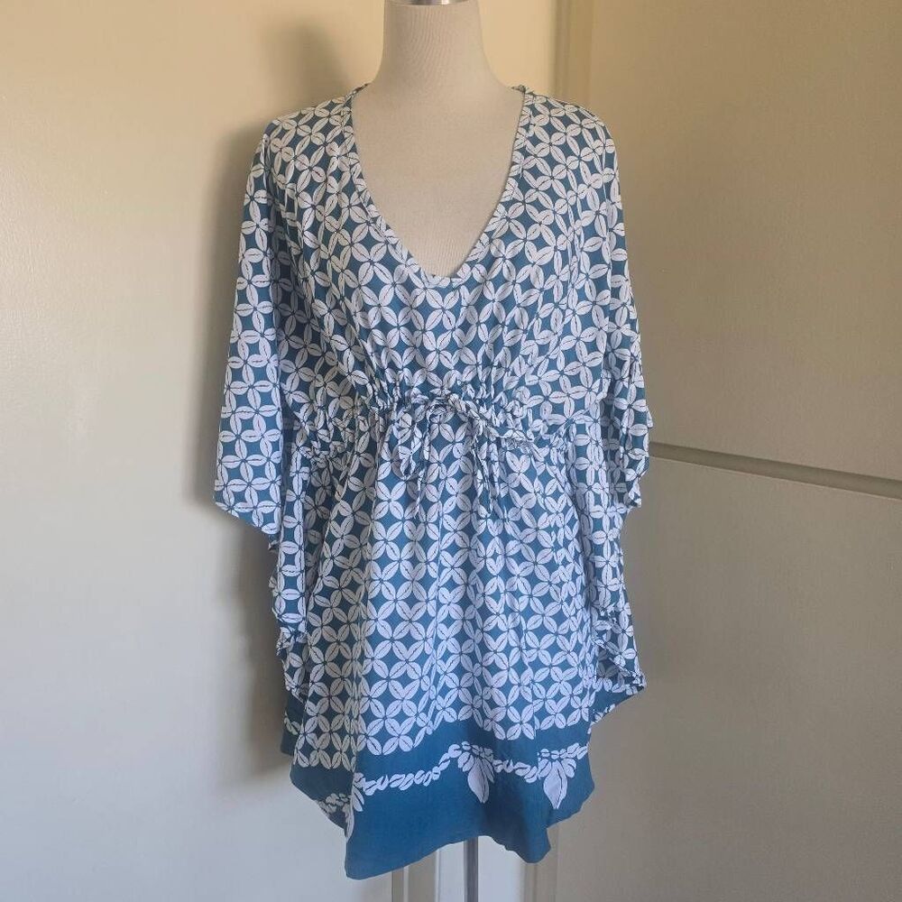 Lani Lau Teal/White Pipi Print Cover Up, NWOT, V-Neck, Drawstring Waist,O/S